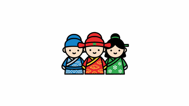 East Asian characters in traditional historical costumes cartoon