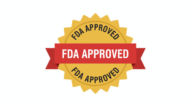 FDA Approved gold seal badge icon with red banner on white background