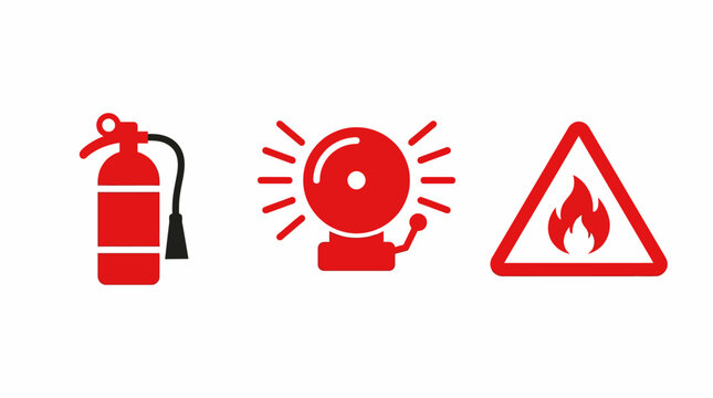Comprehensive set of fire safety icons, featuring emergency extinguisher, alert bell, and hazard warning sign for critical protection and rapid response
