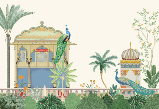 Traditional wedding invitation card design. Mughal garden arch peacock Wedding Invitation Card Design.