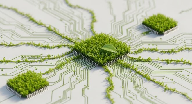 Green microchip with lush foliage on circuit board representing eco friendly technology and sustainable computing concepts with natural elements