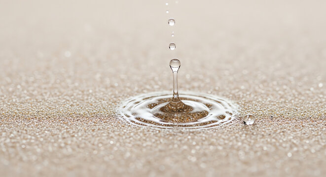 Water drop creating ripples on sandy surface in soft light  