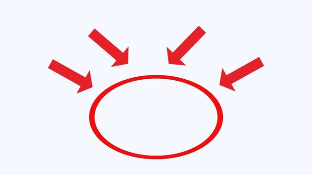 Four red arrows pointing toward a red outlined circle. Symbolize direction and focus in presentations, website design, marketing materials, and infographics for effective communication.