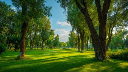 Fototapeta premium Serene Park Landscape with Lush Green Trees and Soft Sunlight