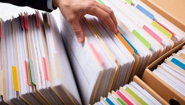 Pulling suit-sleeved hand flipping manila file folders in office archive, showing colored tabs