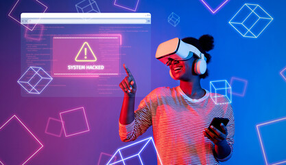 A vibrant image depicting a woman in a virtual reality headset, engaging with a system hack alert. The scene highlights modern technology and the importance of cybersecurity awareness. XDMCP © InfiniteFlow