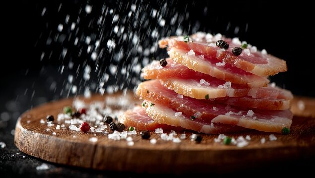 Close‑Up Of Thin Cured Meat Slices On Wooden Board With Falling Salt Crystals And Peppercorns Against Dark Background