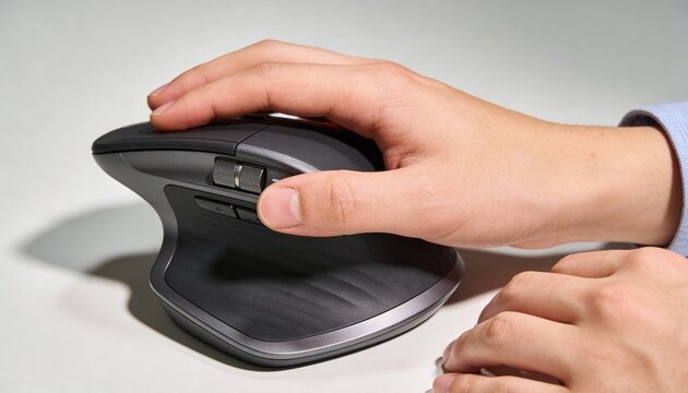 Holding adult right hand using ergonomic vertical mouse on white desk, with light blue cuff