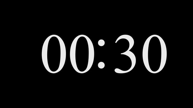 60 seconds digital countdown timer animation from 60 to 0 seconds on black background 4k video