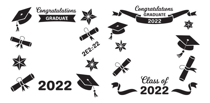 Class of 2022 graduation elements with caps scrolls and stars for celebratory layout design