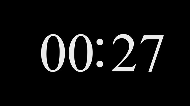 55 seconds digital countdown timer animation from 55 to 0 seconds on black background 4k video