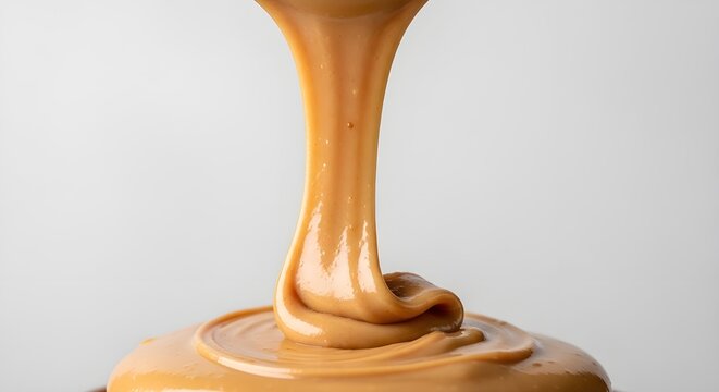 Creamy smooth peanut butter dripping in a thick, continuous swirl against a clean, minimal light gray background.
