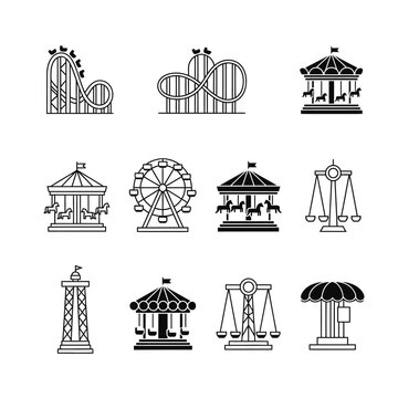Black and white amusement park icons.