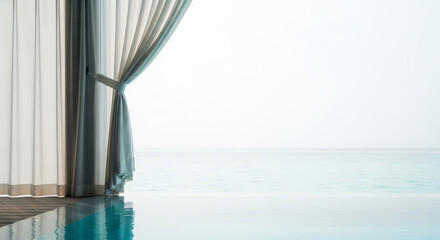 Fototapeta premium Modern indoor pool with sheer curtains overlooking ocean view 