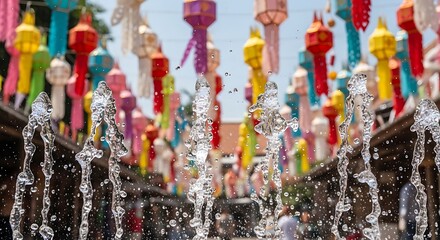 Obraz premium Water fountain jets spraying upwards against background of colorful lanterns