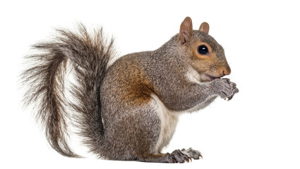 Adorable wild grey squirrel with bushy tail sitting upright and eating a snack © Cressida