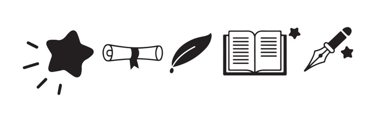 Writing and literary icons including fountain pen quill feather scroll book and magic star © FARJANAAKTER