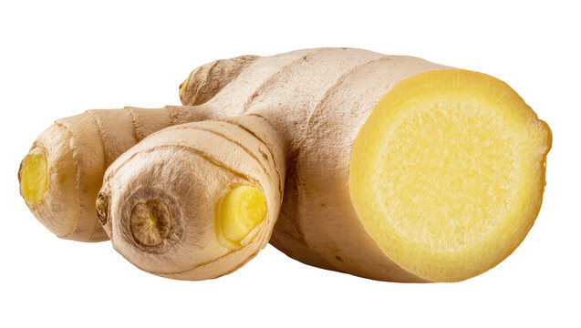 Fresh ginger root with a cross-section slice, highlighting its vibrant yellow interior for cooking