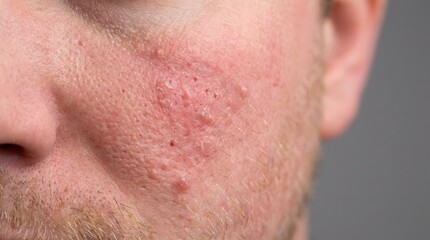 Naklejka premium Close-up of male cheek with skin rash and irritation, dermatology concept of inflammation and sensitive skin condition