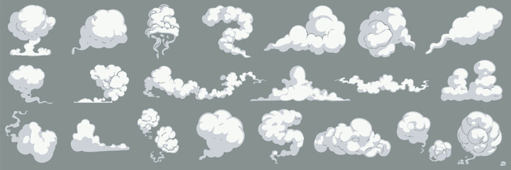 Comic Smoke Cloud Set, Cartoon Smoke Flow, Dust and Smog Silhouettes, Steaming Cloud Effects for Comic Design, Explosion and Motion Graphics Vector Collection © RTICAA VEO