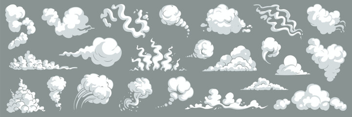 Comic Smoke Cloud Set, Cartoon Smoke Flow, Dust and Smog Silhouettes, Steaming Cloud Effects for Comic Design, Explosion and Motion Graphics Vector Collection © RTICAA VEO