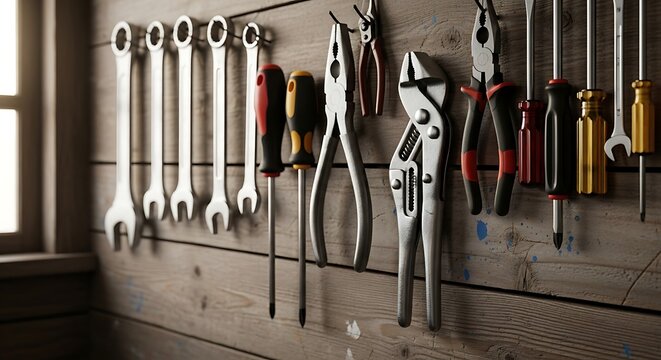 Collection of wrenches and pliers hanging on wooden wall in workshop