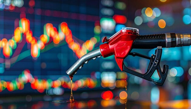 Red fuel nozzle dripping fuel with blurred stock chart and price in background conveying market volatility and energy cost concern