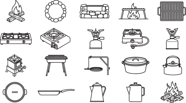 A Collection of camping equipment in line art style for outdoor cooking, perfect for illustrators and designers. 