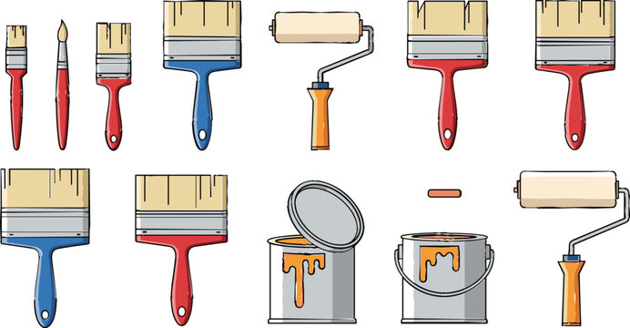 Set of Cartoon Paint Brushes, Rollers, and Paint Cans with Orange Paint, Vector Illustration for Home Improvement and Painting Tools