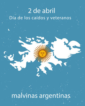 2 de Abril dia de veteranos y ca&iacute;dos en la guerra de Malvinas Argentina fondo mapa con sol. Plantilla editable Vertical