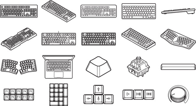 Multiple keyboard layouts in various views, highlighting the diversity in computer input devices. A range of designs and components showcase the evolution of input technology.