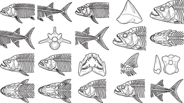 A detailed illustration of fish skeleton anatomy, presenting a comprehensive study of the internal structures with precision, for educational and scientific use.