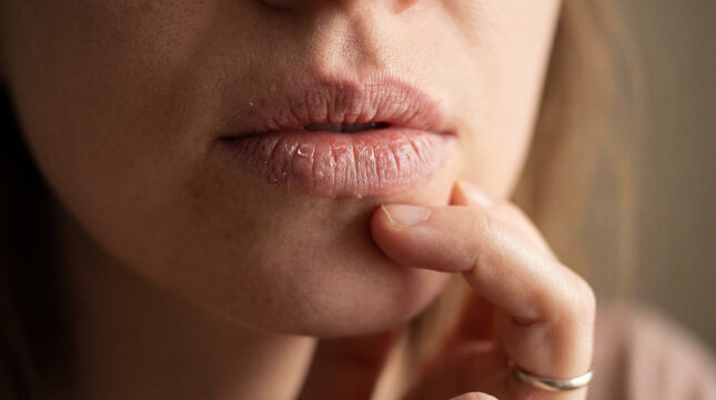Close-up of a woman's severely chapped lips and dry skin, indicating discomfort and need for hydration or lip care