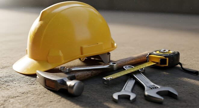 Yellow hard hat with hammer wrenches and measuring tape on construction site floor