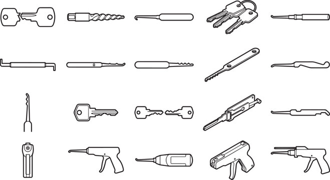 collection of different tools on display. a detailed collection of security and safety tools.