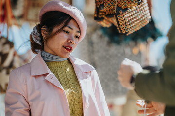 A woman tourist examines handmade goods while interacting with a vendor at an outdoor market. A...