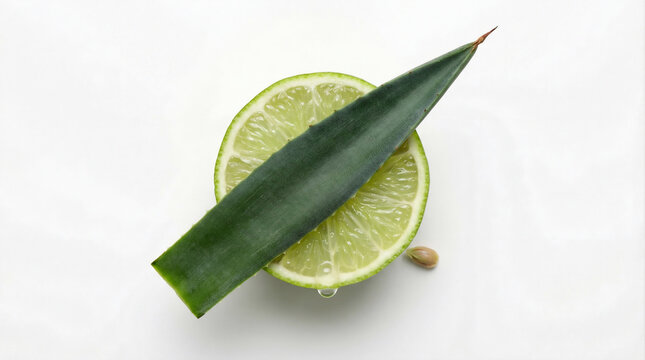 Minimalist arrangement agave leaf crossing halved lime on white surface, glistening juice, design module