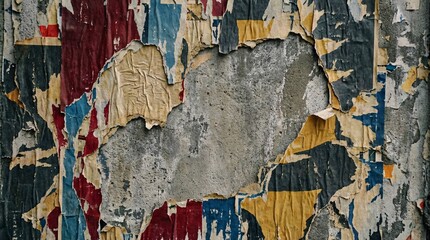 Naklejka premium Texture of torn layered paper posters peeling off a rough grunge concrete wall with blank copy space.