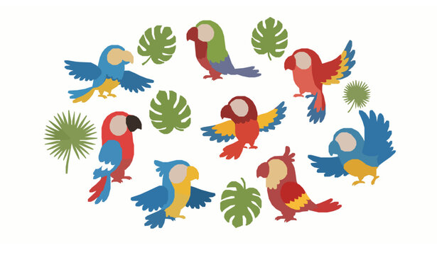 Kids style parrot characters vector illustration tropical birds and leaves set