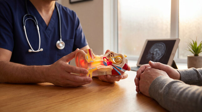 Doctor explains ear anatomy with an illuminated model to a patient, discussing hearing health and medical details