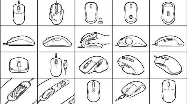 A comprehensive collection of computer mouse designs, showcasing diverse types for various computing needs. 