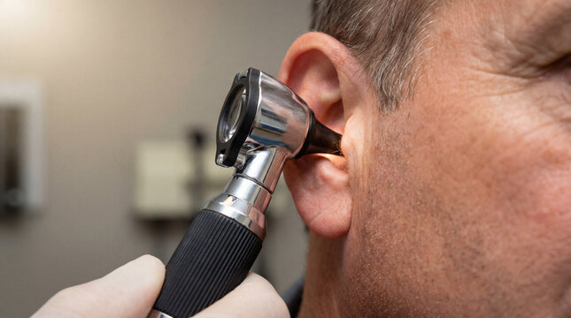 A doctor performs an ear examination on a patient using an otoscope, focusing on hearing health and diagnosis