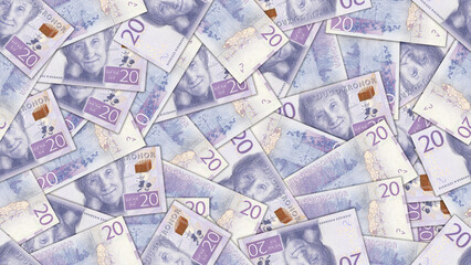 Fototapeta premium Finance illustration. Seamless pattern. Disorganized scattered banknotes of 20 kronor, Kingdom of Sweden. Swedish money. Textured background or wallpaper. Obverse and reverse. Bills of twenty crowns
