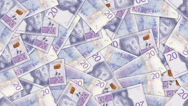 Finance illustration. Seamless pattern. Disorganized scattered banknotes of 20 kronor, Kingdom of Sweden. Swedish money. Textured background or wallpaper. Obverse and reverse. Bills of twenty crowns