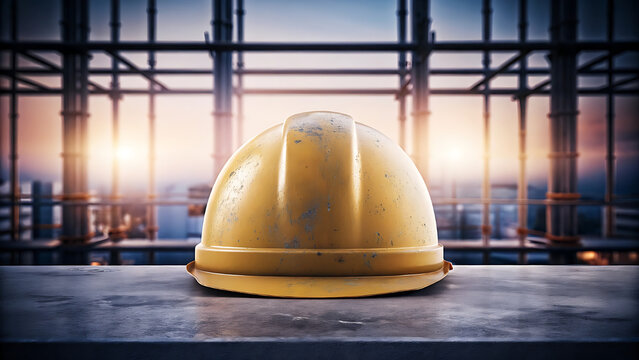 Yellow Safety Helmet on Construction Site with Industrial Window Background, Worker Concept