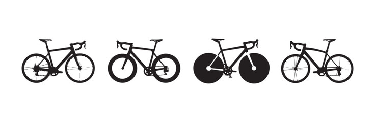 Fototapeta premium Four distinct bicycle silhouettes featuring different wheel types for cycling design use