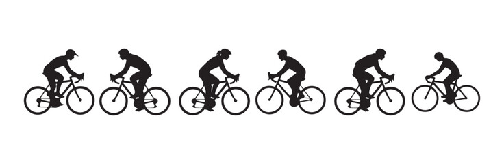 Naklejka premium Men and women cyclists silhouettes riding road bikes in different postures and sport gear set