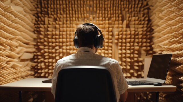 Sound Isolation Chamber: A person immersed in a sound isolation chamber, wearing headphones and focused on a laptop, emphasizing technology and quiet study.