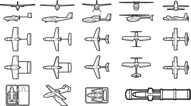 A collection of detailed, monochromatic illustrations showcasing a variety of aircraft, presenting an array of aerial vehicles, from sleek jets to versatile propeller planes.