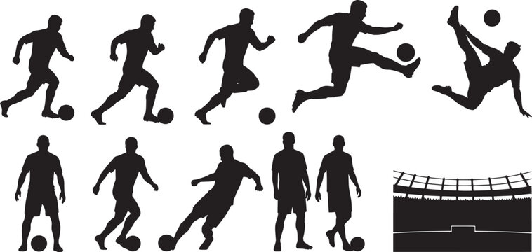 Silhouettes of soccer players in action kicking, dribbling, jumping. Set includes multiple player poses and a stadium graphic, perfect for sports designs